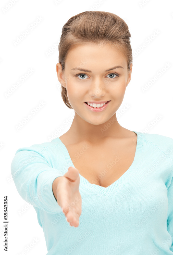 woman with an open hand ready for handshake woman with an open hand ready for handshake