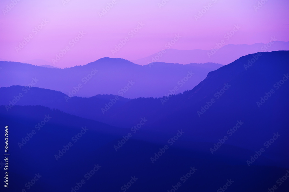 violet sunset in the mountains