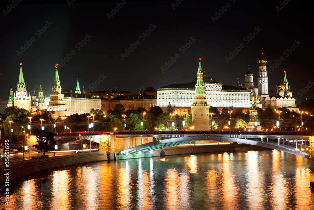 Moscow, night view of the Moskva River and the Kremlin