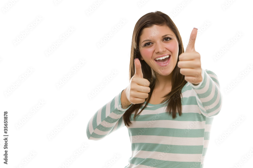 Excited Ethnic Female with Thumbs Up on White Excited Ethnic Female with Thumbs Up on White
