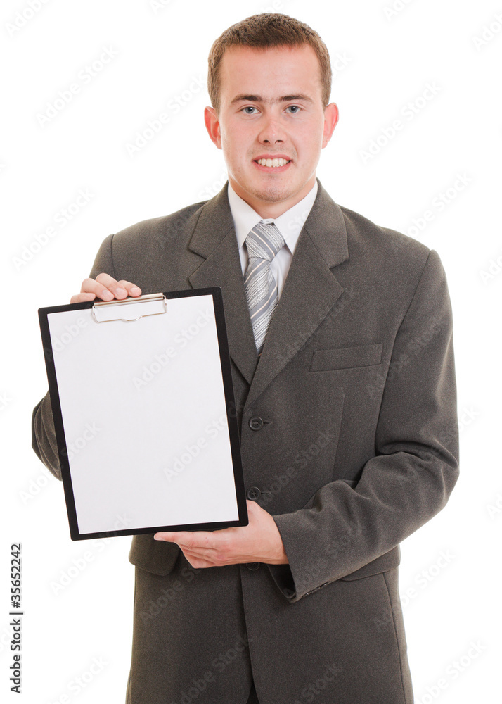 Businessman with a white board in his hands. Businessman with a white board in his hands.