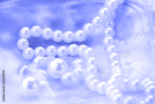 Macro of pearls and necklace in an oyster shell. Blue tinted