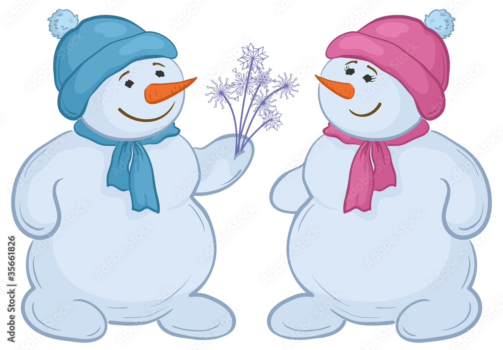 Snowmens with snowy flowers