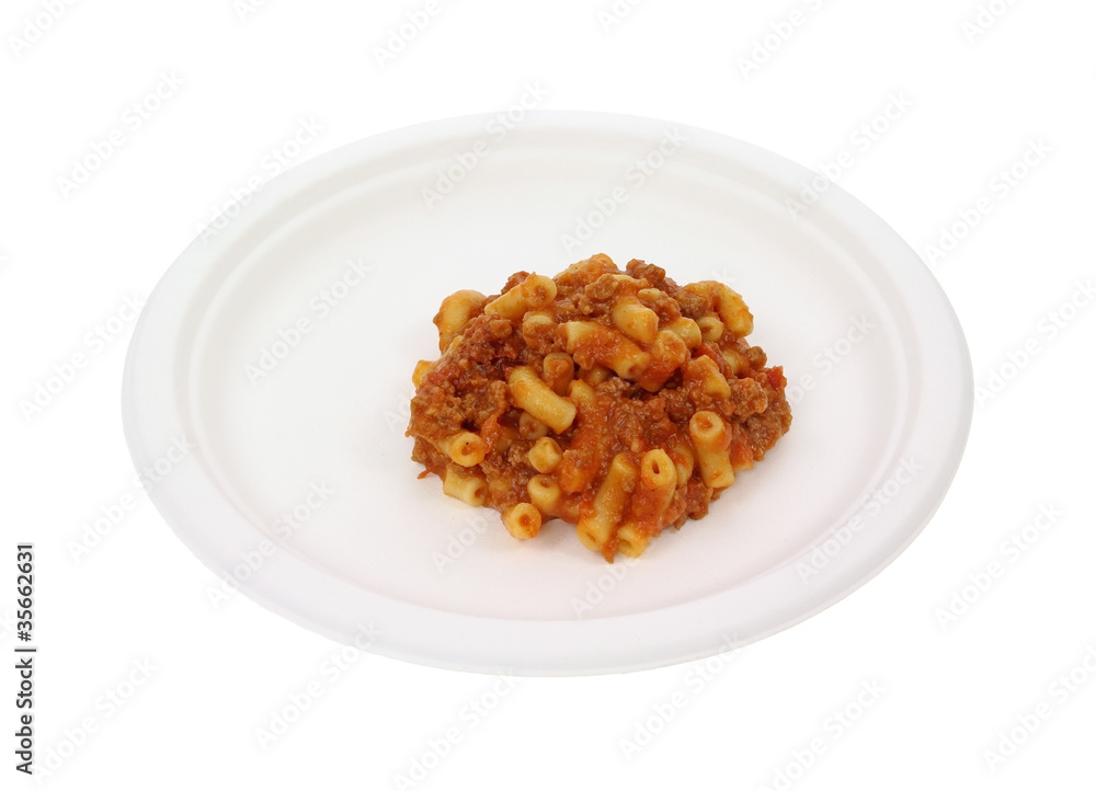 Paper plate with macaroni and beef Paper plate with macaroni and beef
