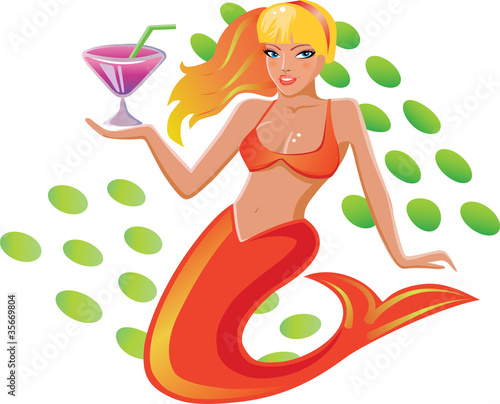 Sitting mermaid holding a cocktail