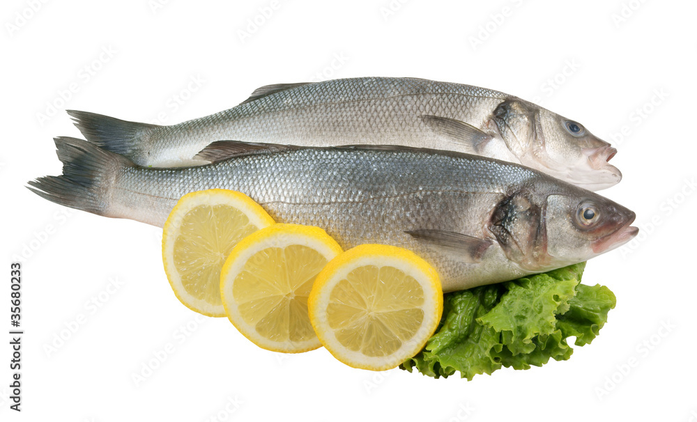 Seabass fish with lemon and greens isolated Seabass fish with lemon and greens isolated