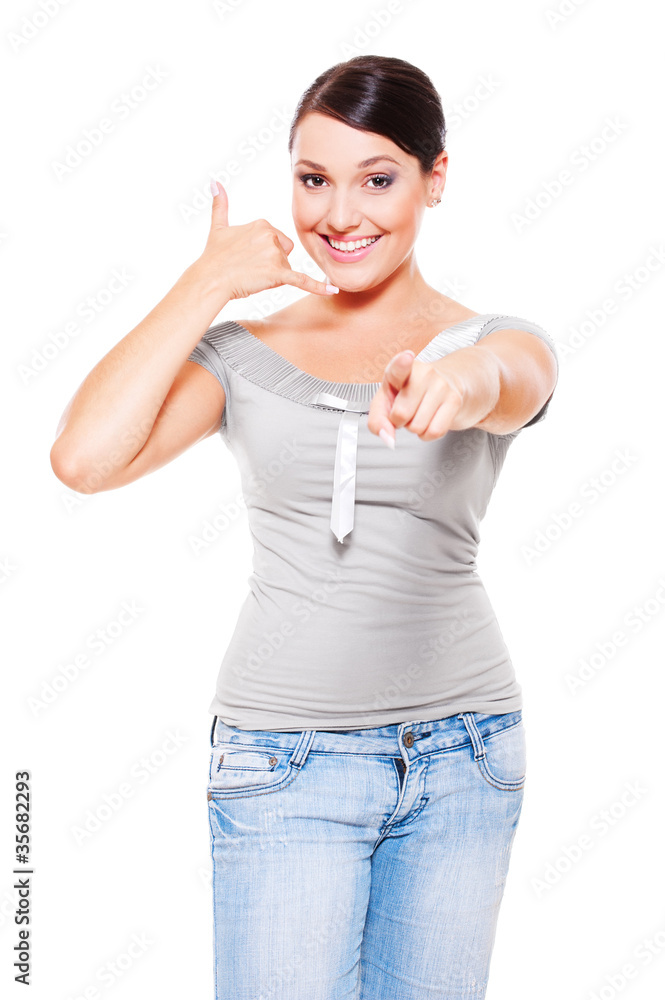 woman making call me gesture woman making call me gesture