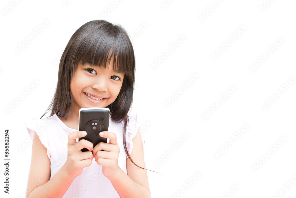 Little Girl with Mobile Phone Isolated on White Background Little Girl with Mobile Phone Isolated on White Background