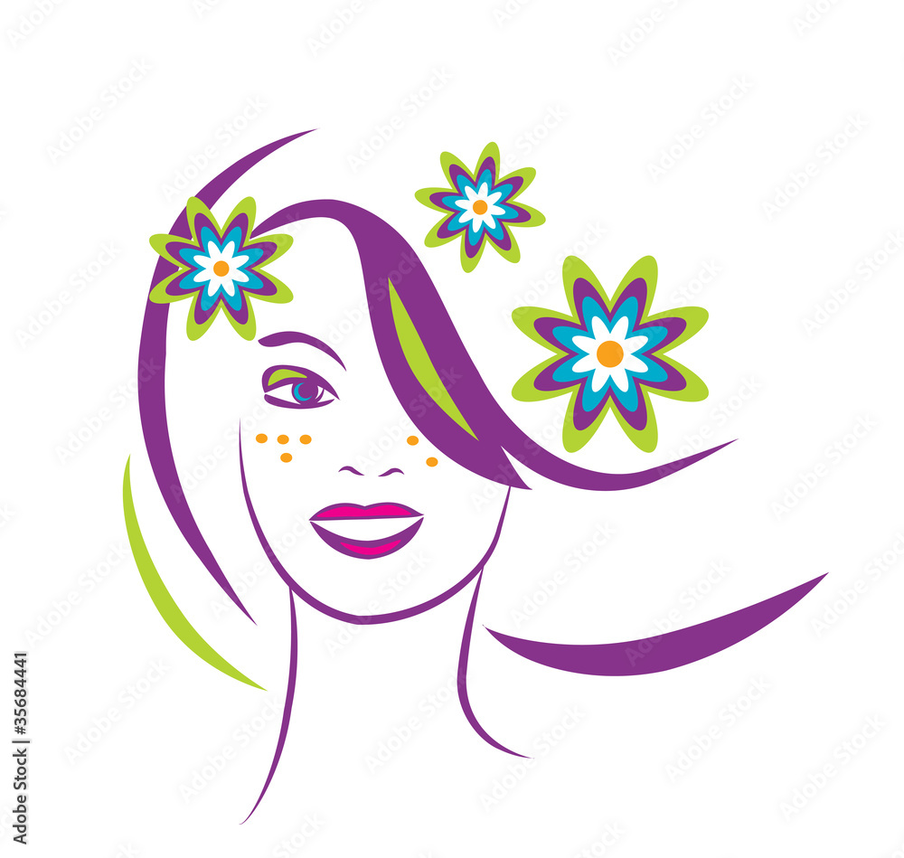 stylized portrait of beautiful young woman with flowers
