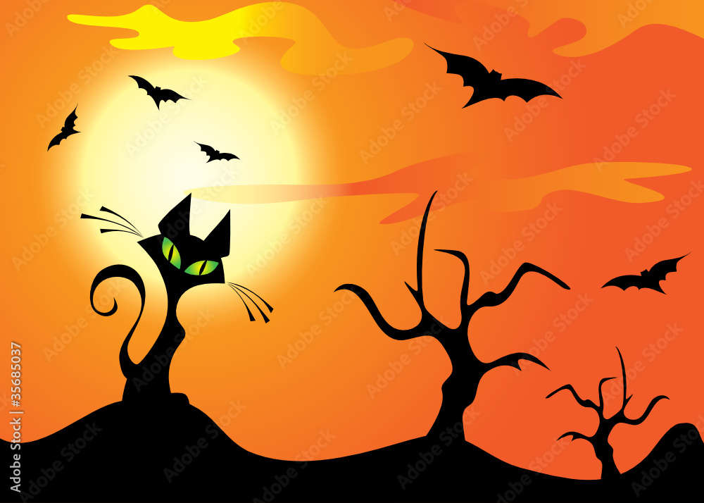 Halloween cat, trees and bats