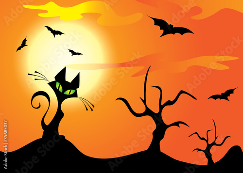 Halloween cat  trees and bats