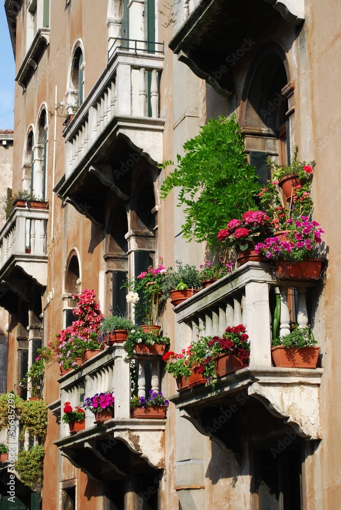 Arched window with balcony and flowers in Venice, Italy