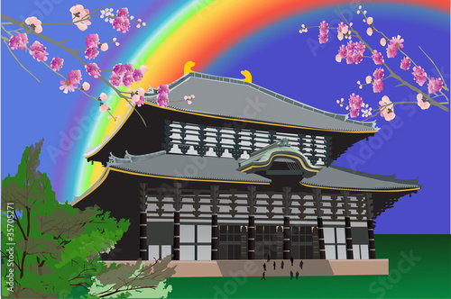 pagoda under rainbow illustration
