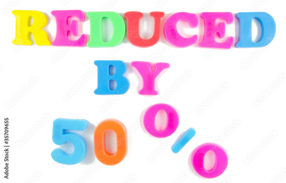 Fototapeta premium reduced by 50% written in fridge magnets