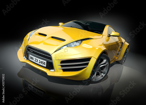 Yellow sports car on a black background