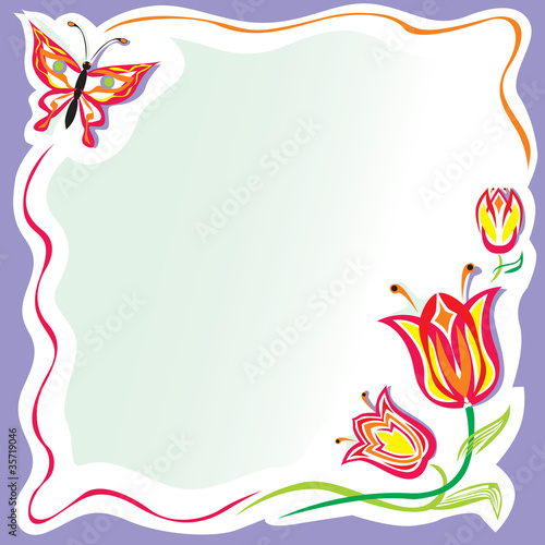Stylized flowers frame with butterfly