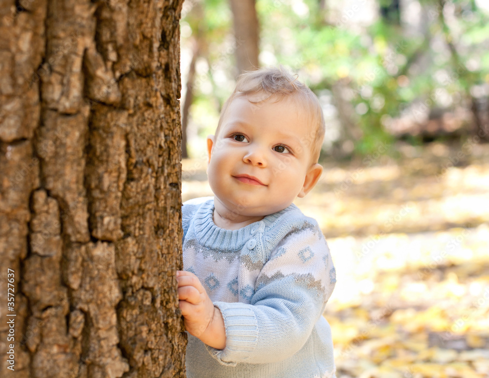 baby boy standing near tree in autumn park
