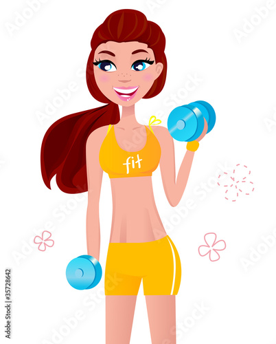 Beautiful fit blond hair woman exercising with two dumbbell weig