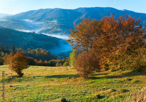 Autumn misty morning mountain hill