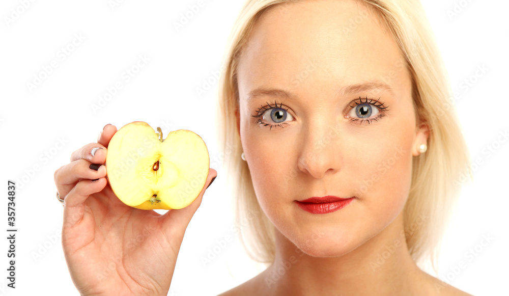 blonde Frau mit Apfel blonde Frau mit Apfel