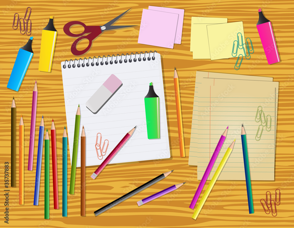 Work desk, back to items, with stationery