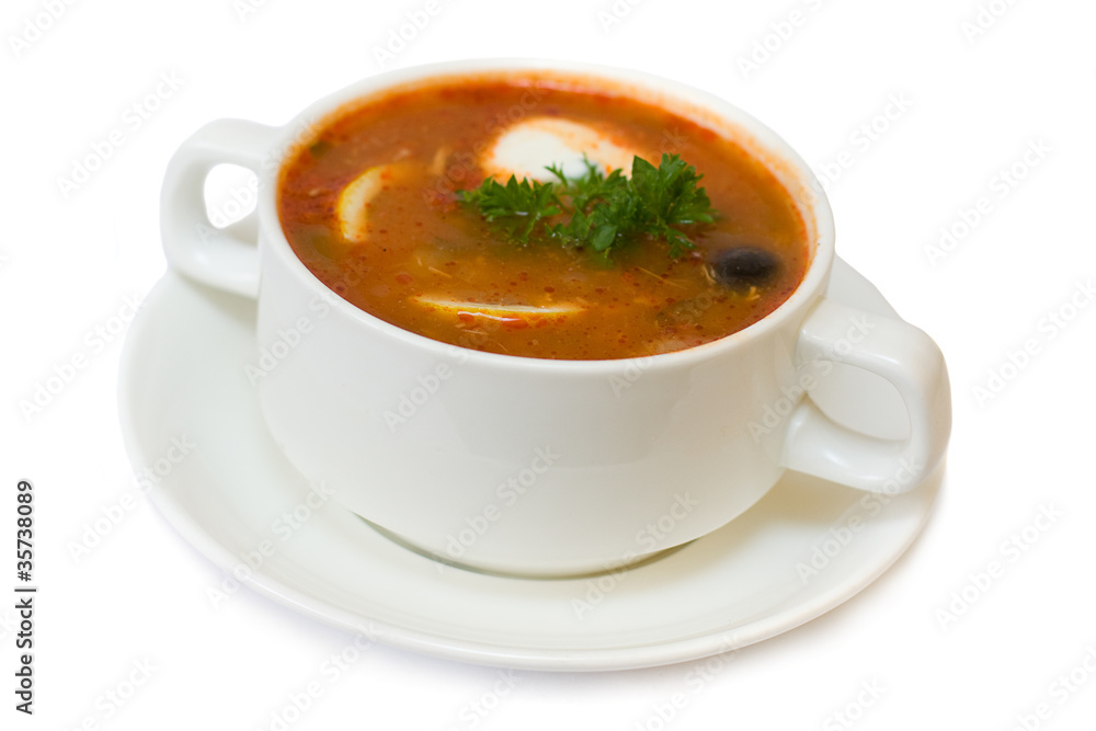 Solyanka soup isolated - russian and ukrainian cuisine Solyanka soup isolated - russian and ukrainian cuisine