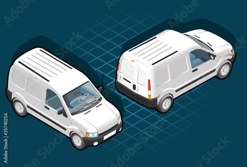Isometric white van in two position