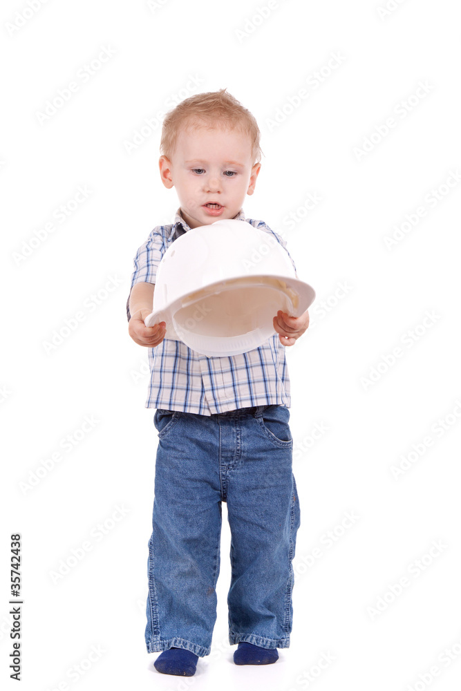 Child hold white helmet over white background Child hold white helmet over white background
