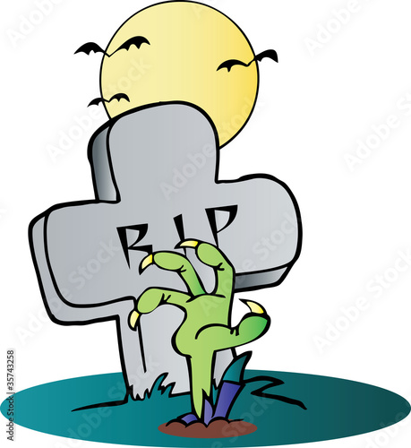 Hand Reaching Up From The Earth In Front Of A Tombstone