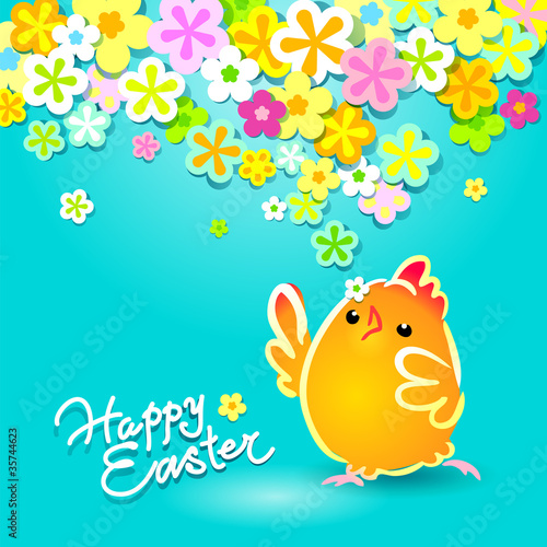Easter card with funny chicken and flowers. Vector illustration