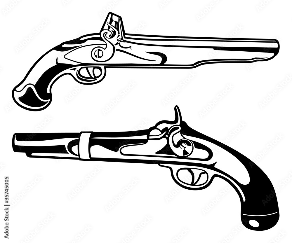 Black and White Antique Black Powder Pistols Vector Graphic ...