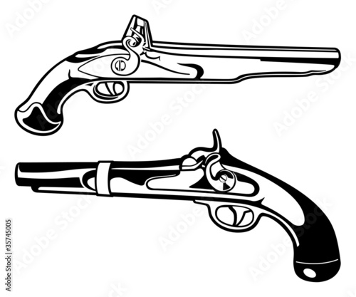 Black and White Antique Black Powder Pistols Vector Graphic Illustration Set