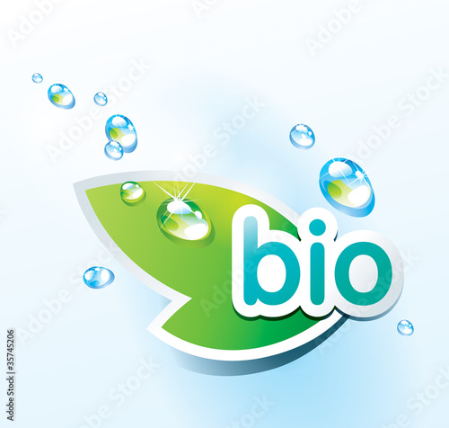 Icon bio with a green leaf and water drops. Vector illustration.