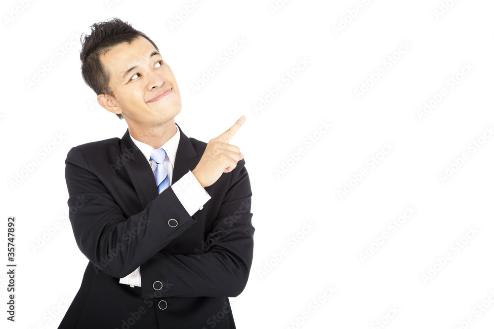 smiling businessman pointing and Isolated on white smiling businessman pointing and Isolated on white