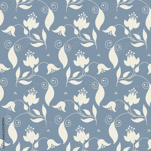 Seamless Pattern Flowers & Leafs Blue/Beige