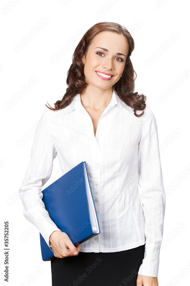 Businesswoman with blue folder, isolated Businesswoman with blue folder, isolated