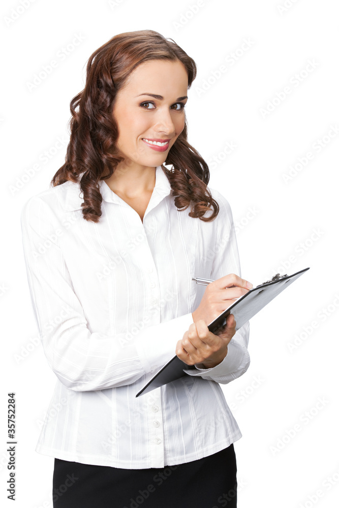 Businesswoman with clipboard writing, isolated Businesswoman with clipboard writing, isolated