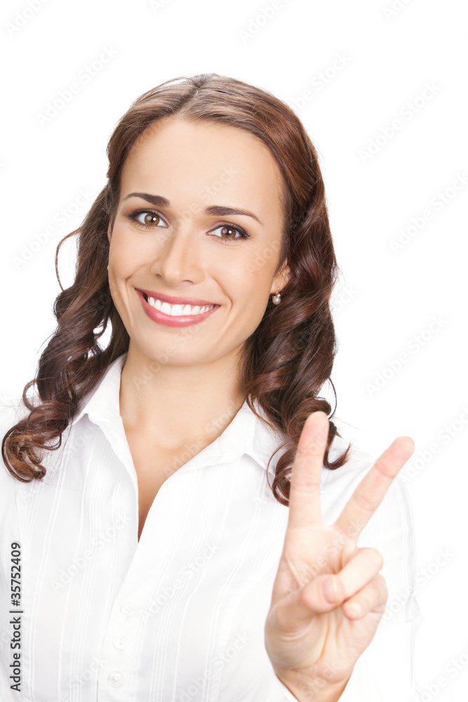 Businesswoman showing two fingers, on white Businesswoman showing two fingers, on white