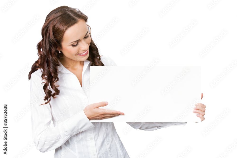 Businesswoman showing blank signboard, on white Businesswoman showing blank signboard, on white
