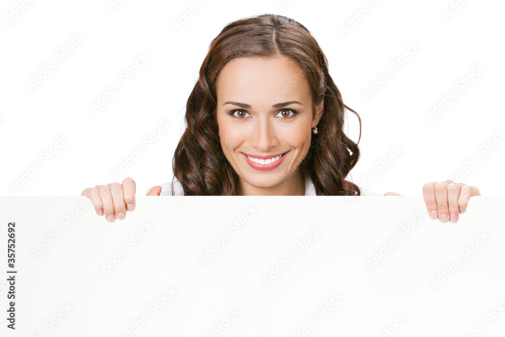 Businesswoman showing blank signboard, on white Businesswoman showing blank signboard, on white