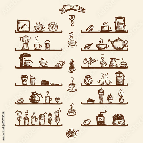 Kitchen utensils on shelves for coffee house, sketch drawing
