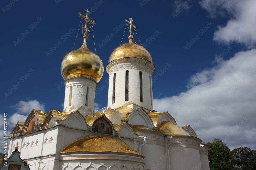 Golden domes and crosses of the Russian Orthodox Church.