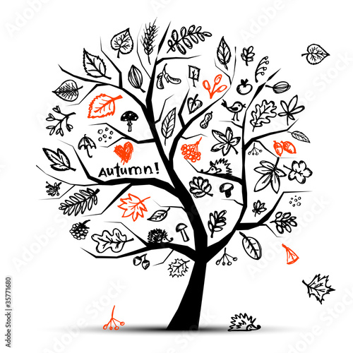 Autumn tree, sketch drawing for your design