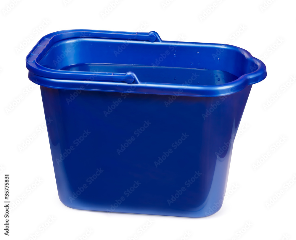 Blue plastic bucket filled with water Blue plastic bucket filled with water