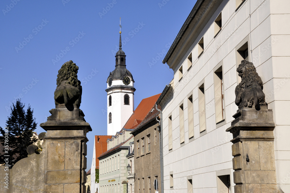 Fototapeta premium Torgau Marienkirche mit Schloss Löwen