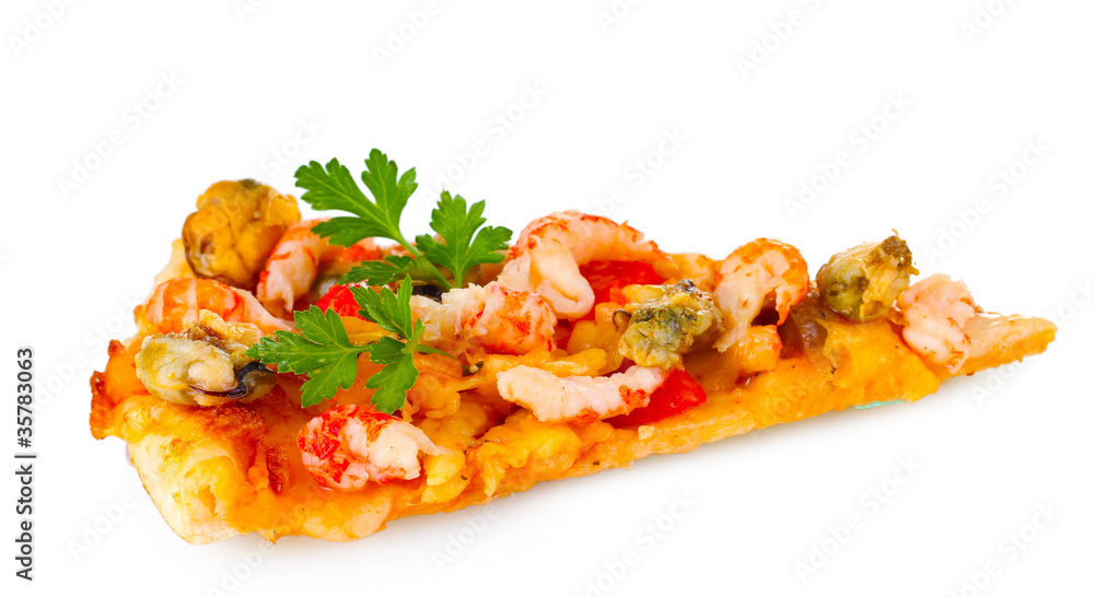 Delicious slice of pizza with seafood isolated on white Delicious slice of pizza with seafood isolated on white