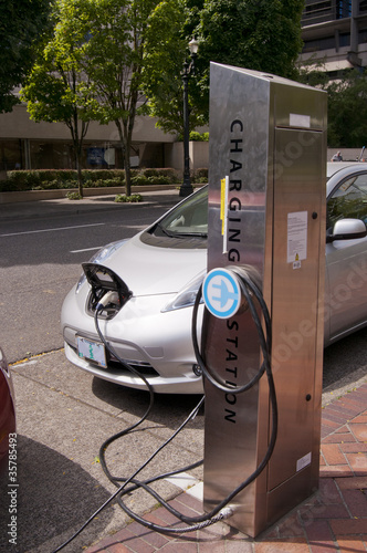 Electric car at a charging station in Portland Oregon