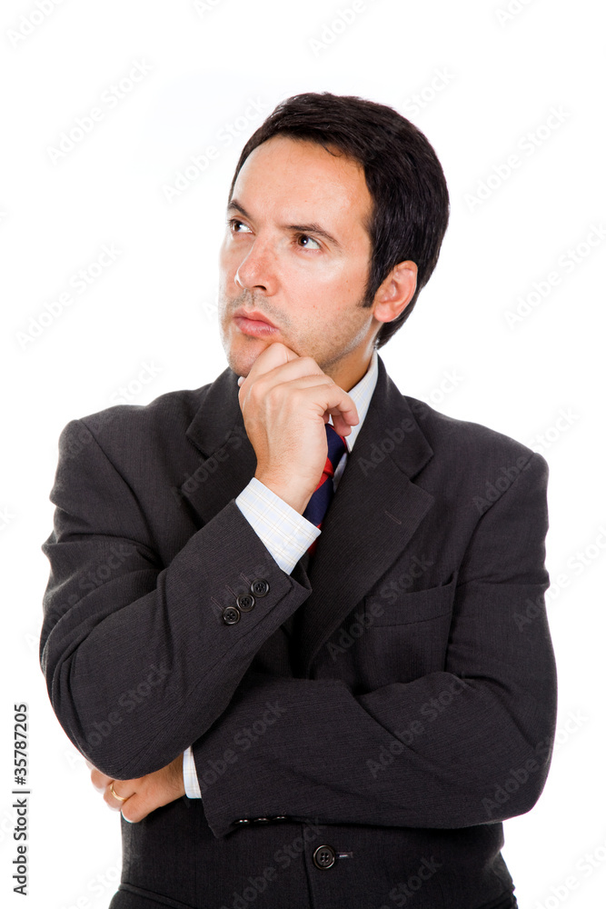 Closeup of a Pensive young business man, isolated on white Closeup of a Pensive young business man, isolated on white