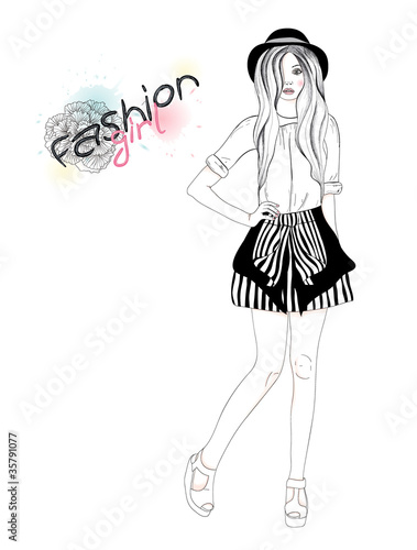 Young beautiful girl fashion illustration. Vector illustration.