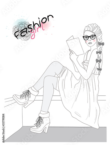 Young beautiful girl fashion illustration. Vector illustration.